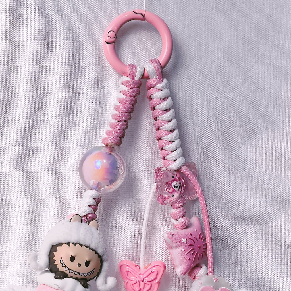 （L020)Phone Strap Pink and White Crafted by Hand