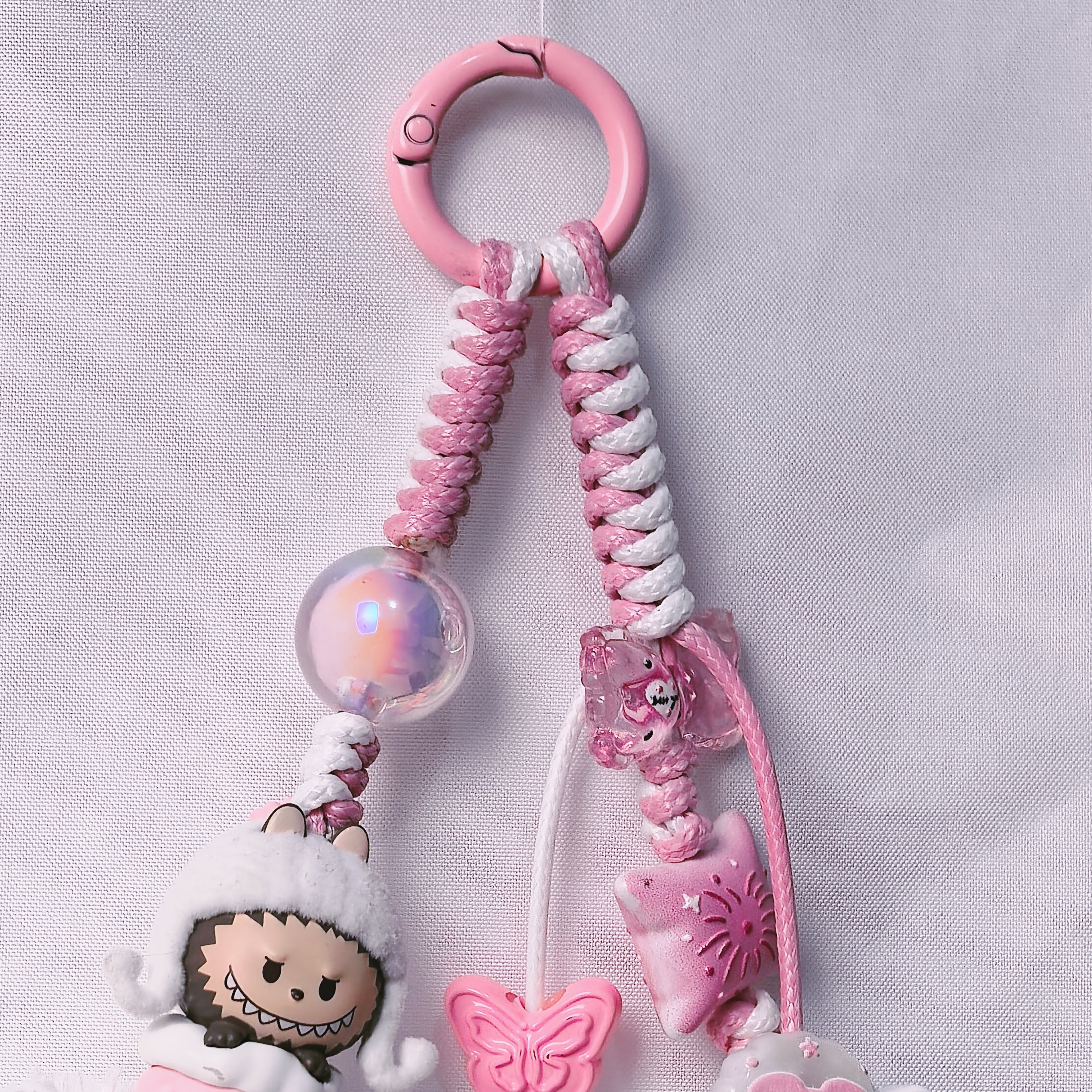 （L020)Phone Strap Pink and White Crafted by Hand