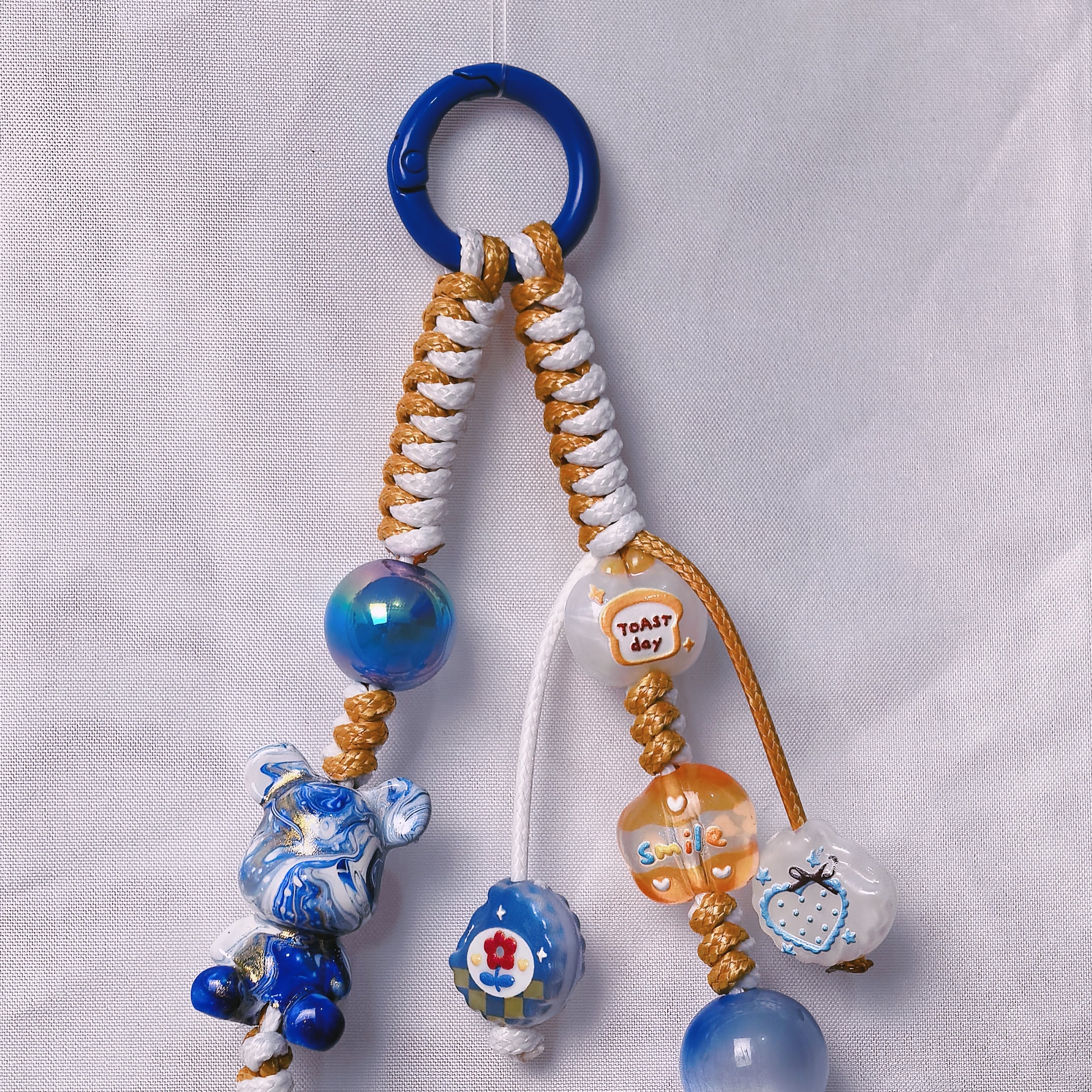 （L023)Phone Strap Golden Blue and White Crafted by Hand