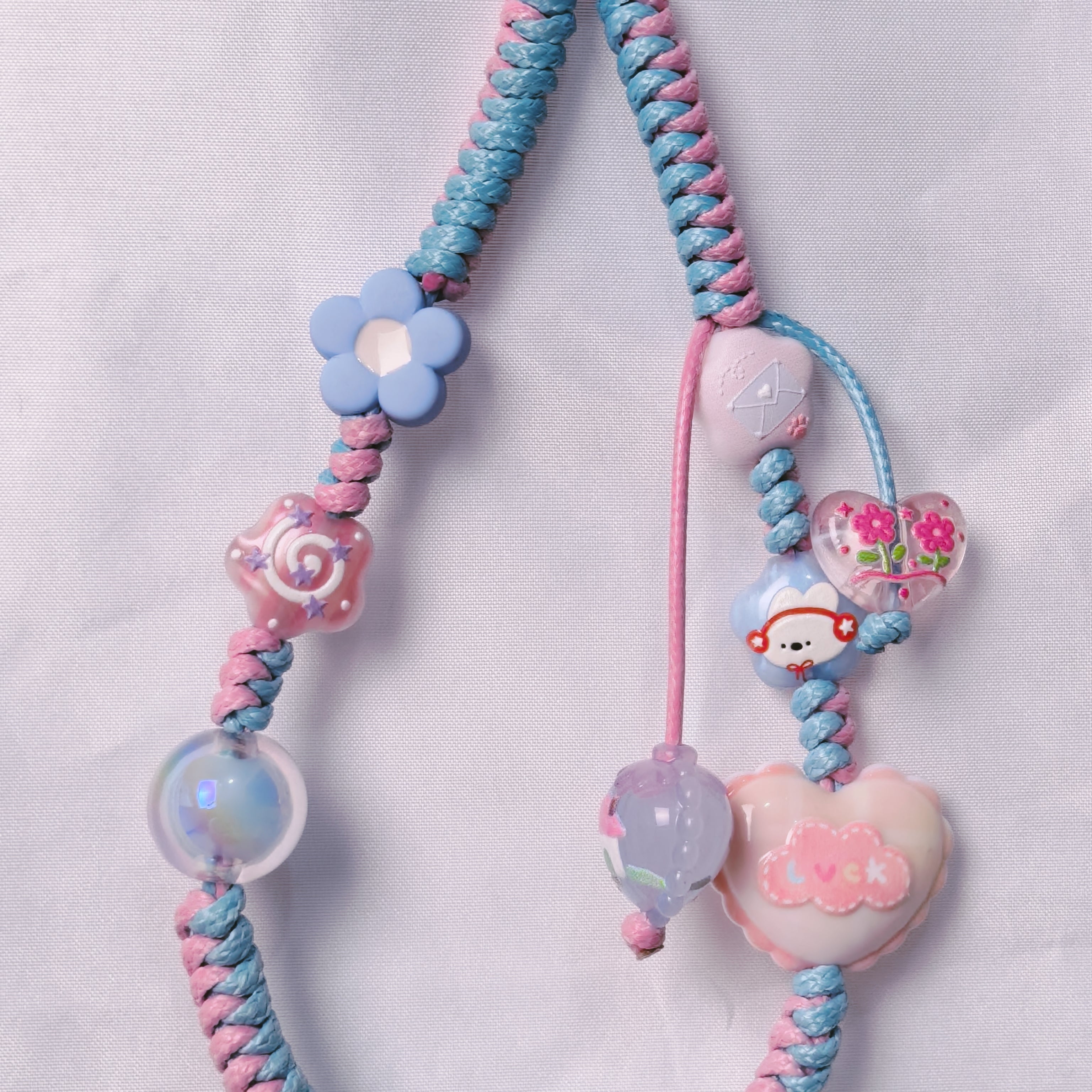 （L027)Phone Strap Pink and Blue Crafted by Hand