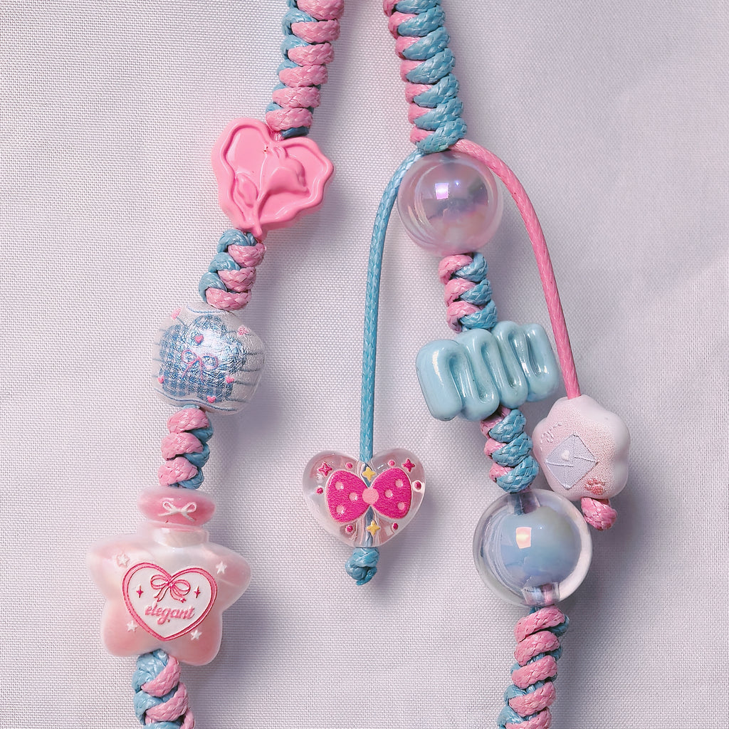 （L021)Phone Strap Pink and Blue Crafted by Hand