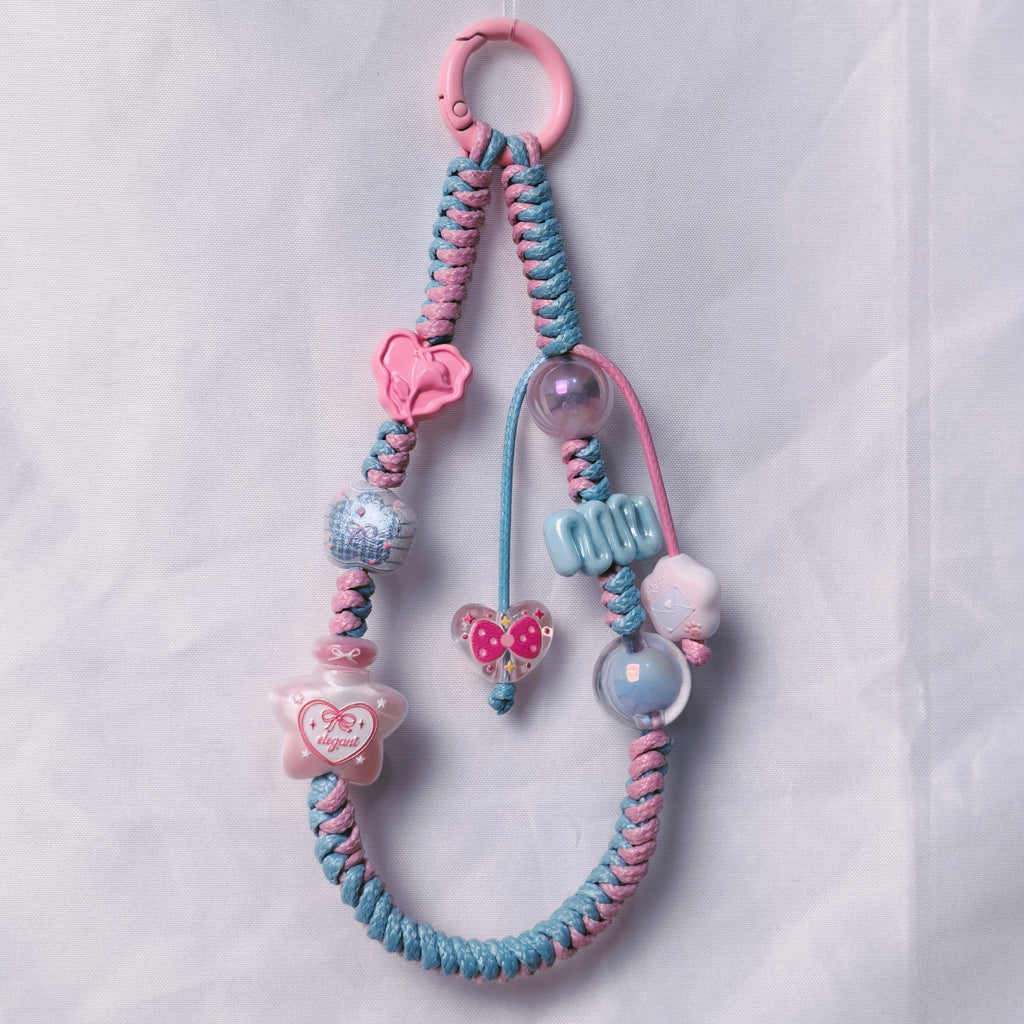 （L021)Phone Strap Pink and Blue Crafted by Hand