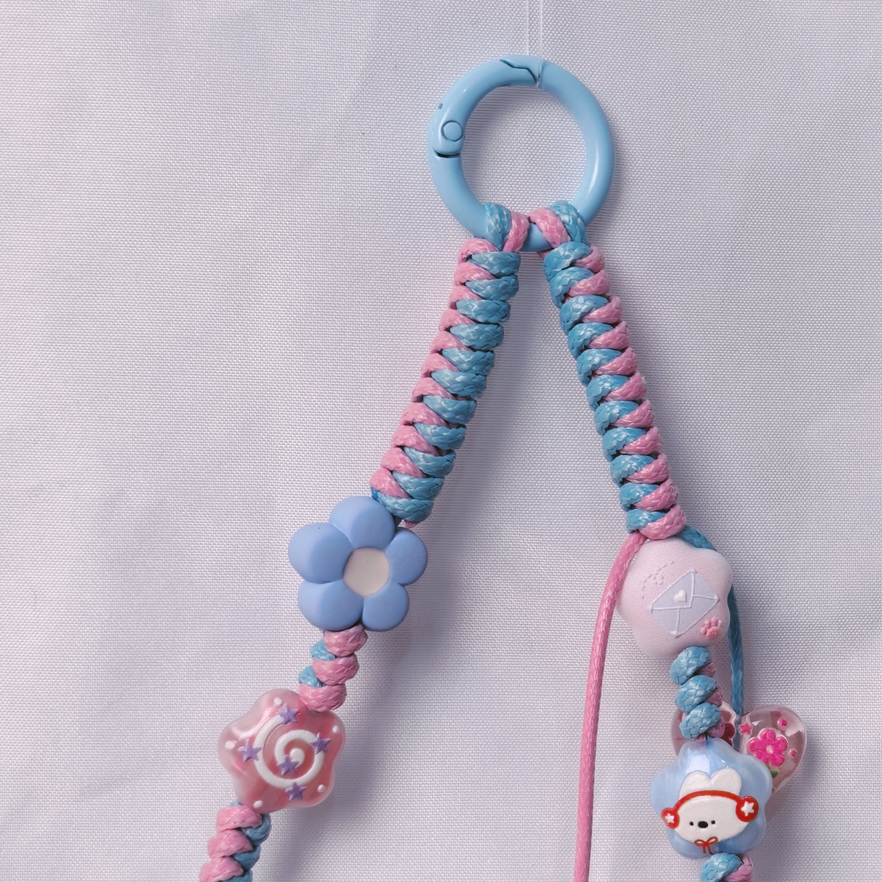 （L027)Phone Strap Pink and Blue Crafted by Hand