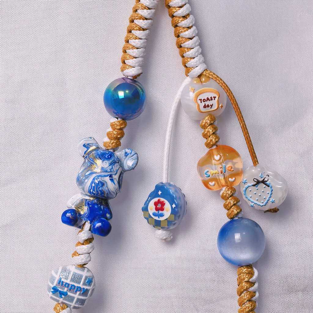 （L023)Phone Strap Golden Blue and White Crafted by Hand