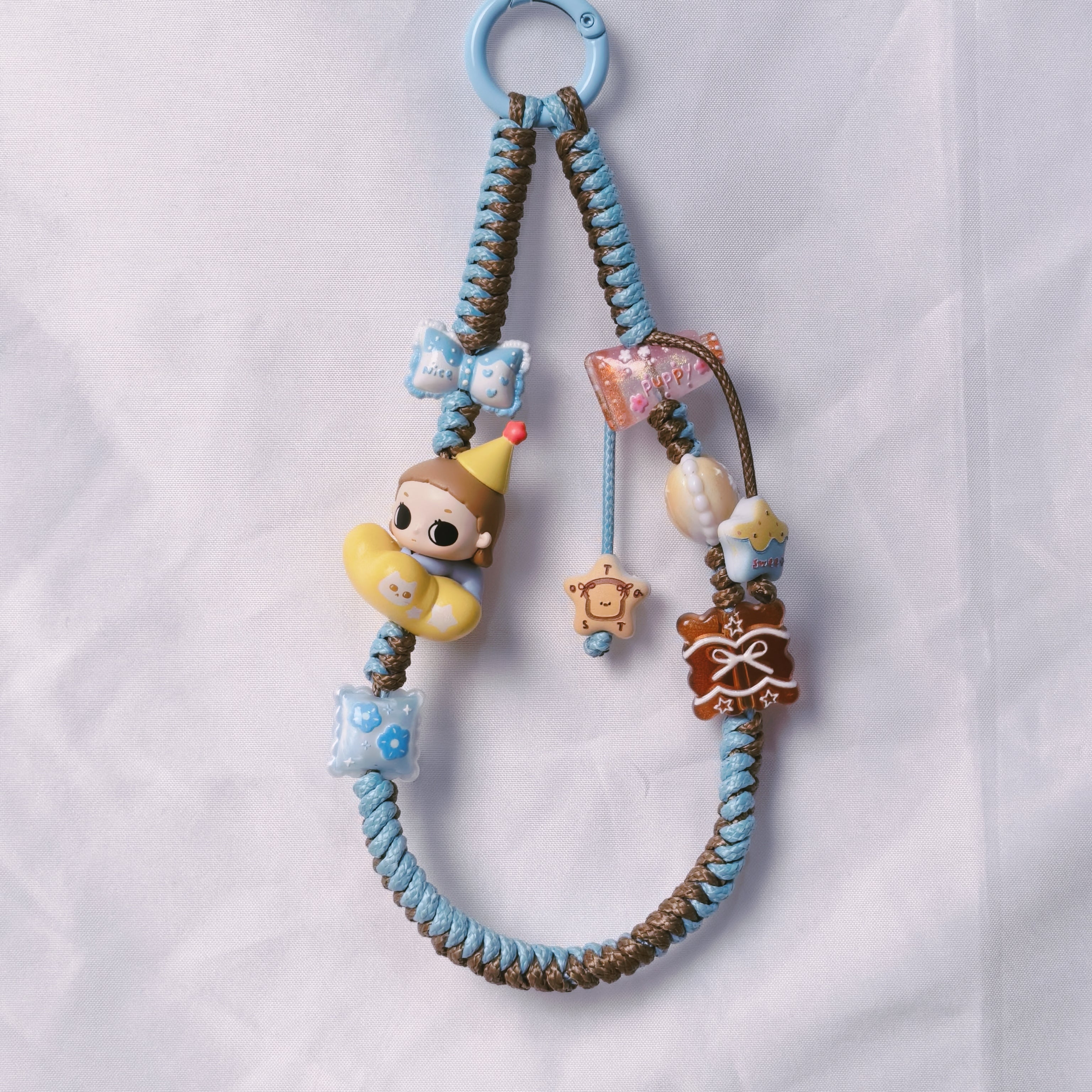 （L025)Phone Strap Blue and Brown Crafted by Hand