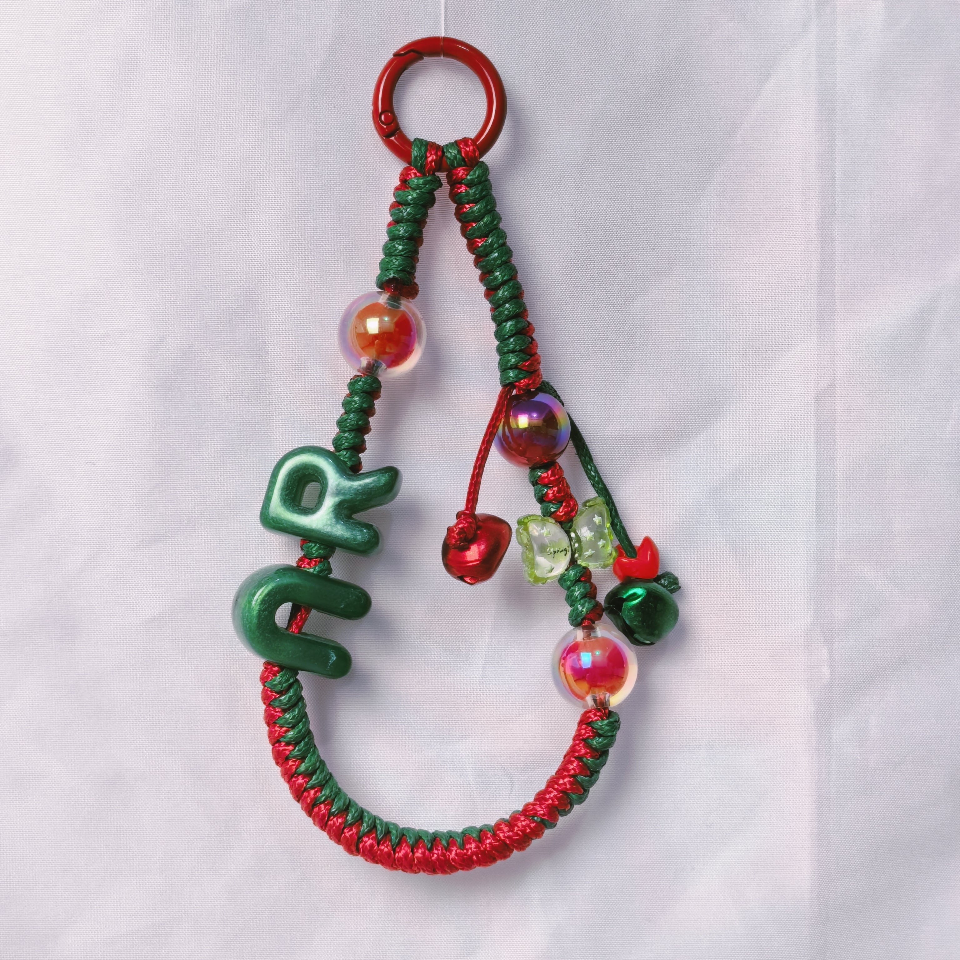 （L024)Phone Strap Red and Green Crafted by Hand