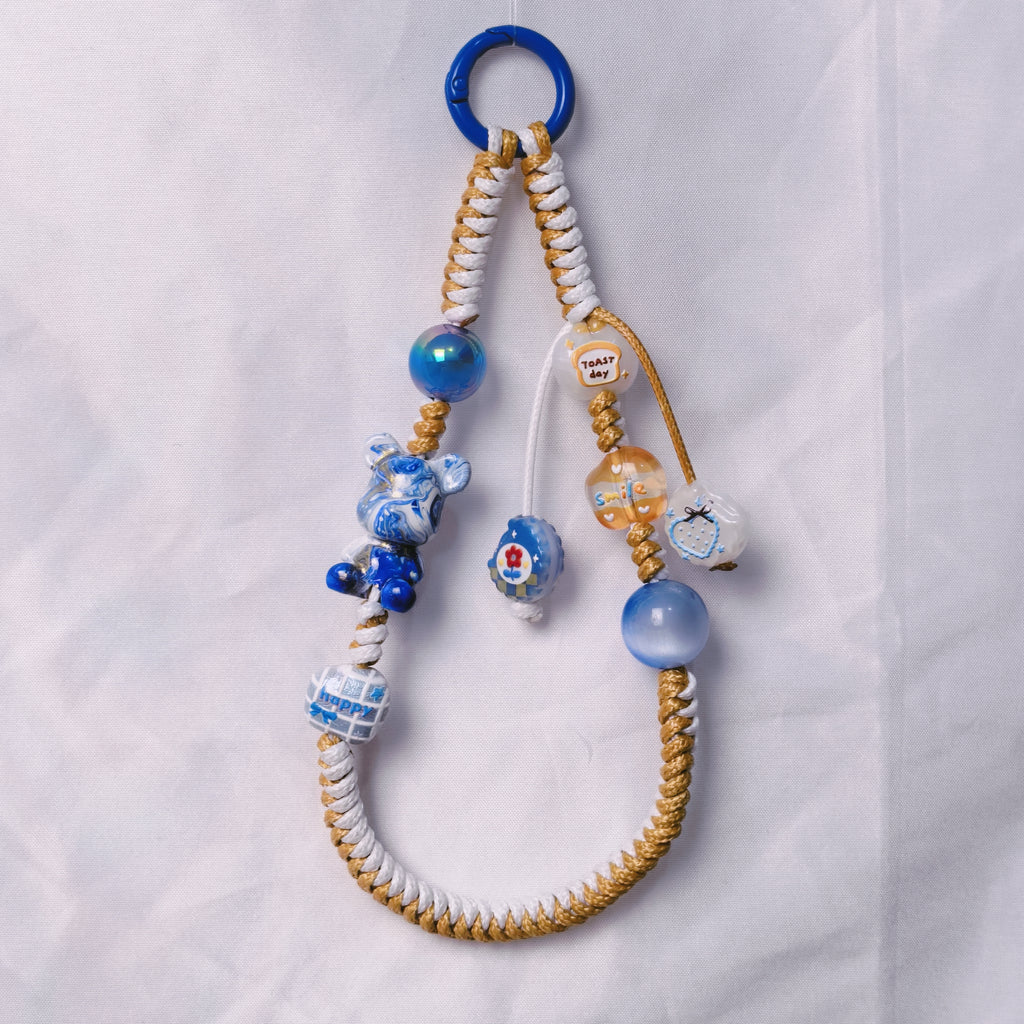 （L023)Phone Strap Golden Blue and White Crafted by Hand