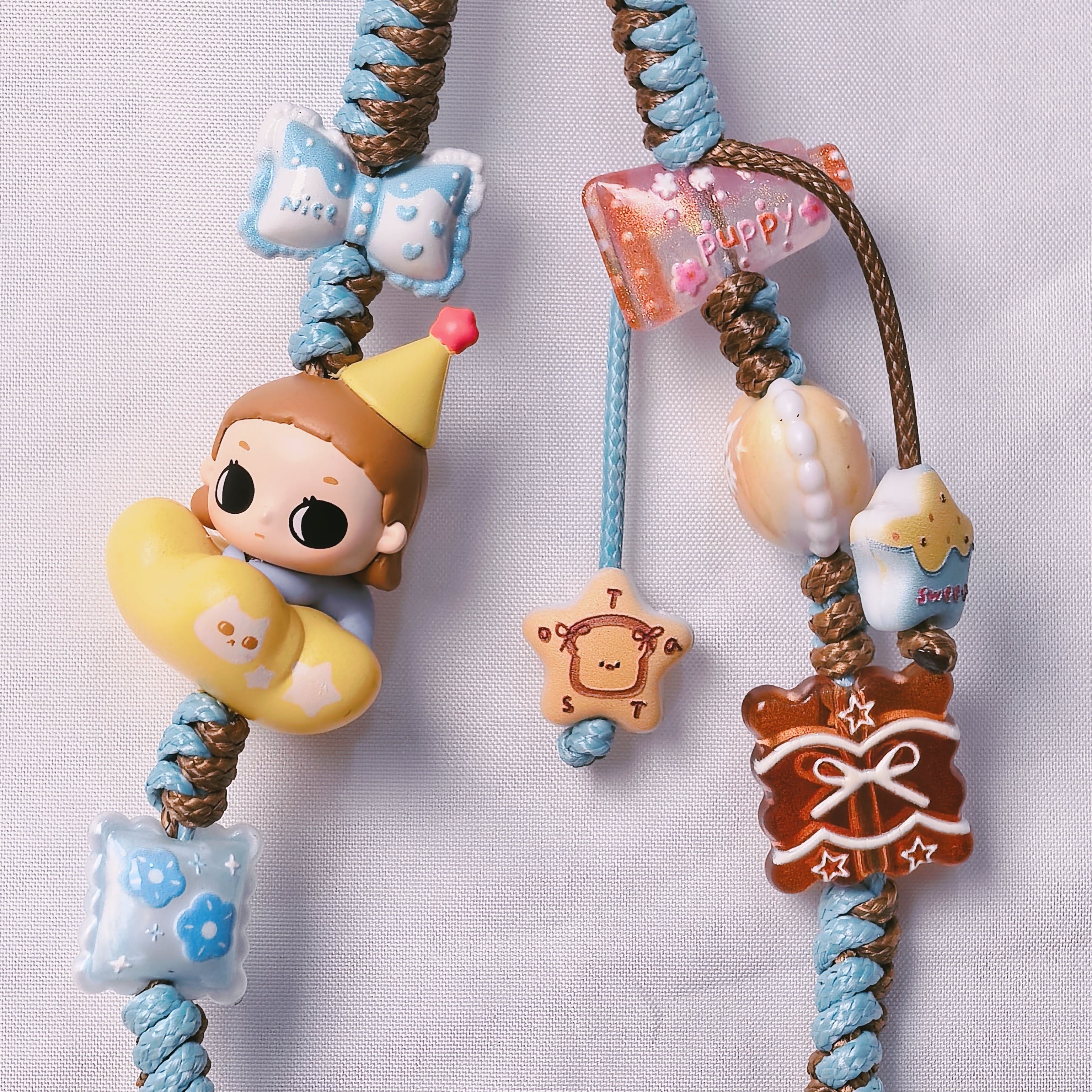 （L025)Phone Strap Blue and Brown Crafted by Hand