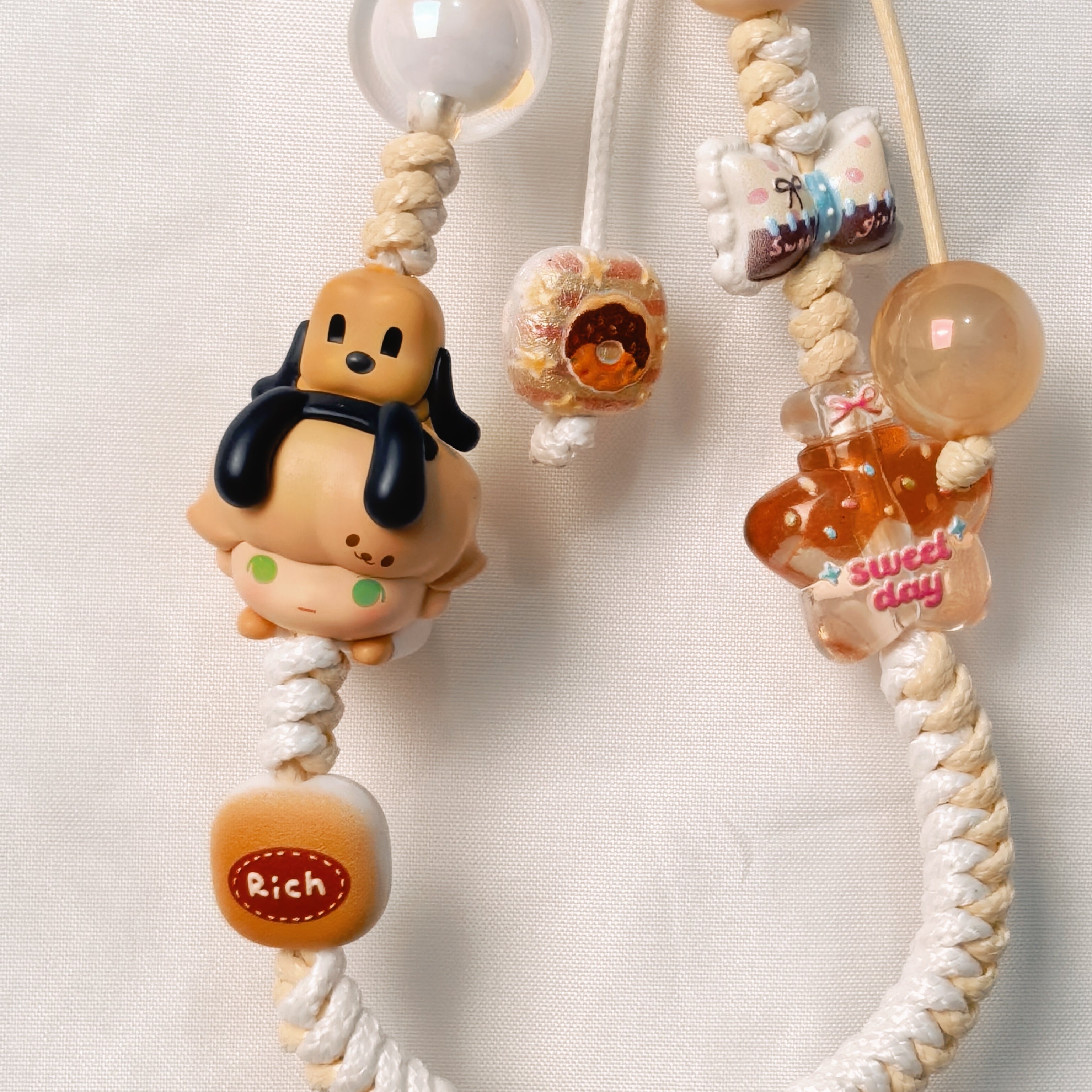 （L026)Phone Strap White and Beige Crafted by Hand