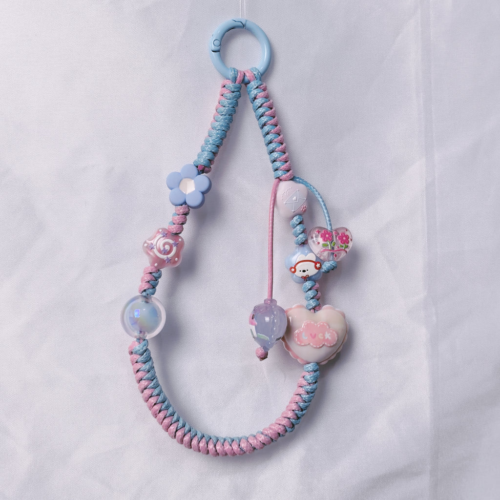 （L027)Phone Strap Pink and Blue Crafted by Hand