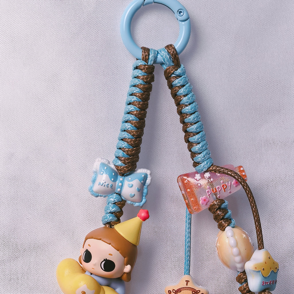 （L025)Phone Strap Blue and Brown Crafted by Hand