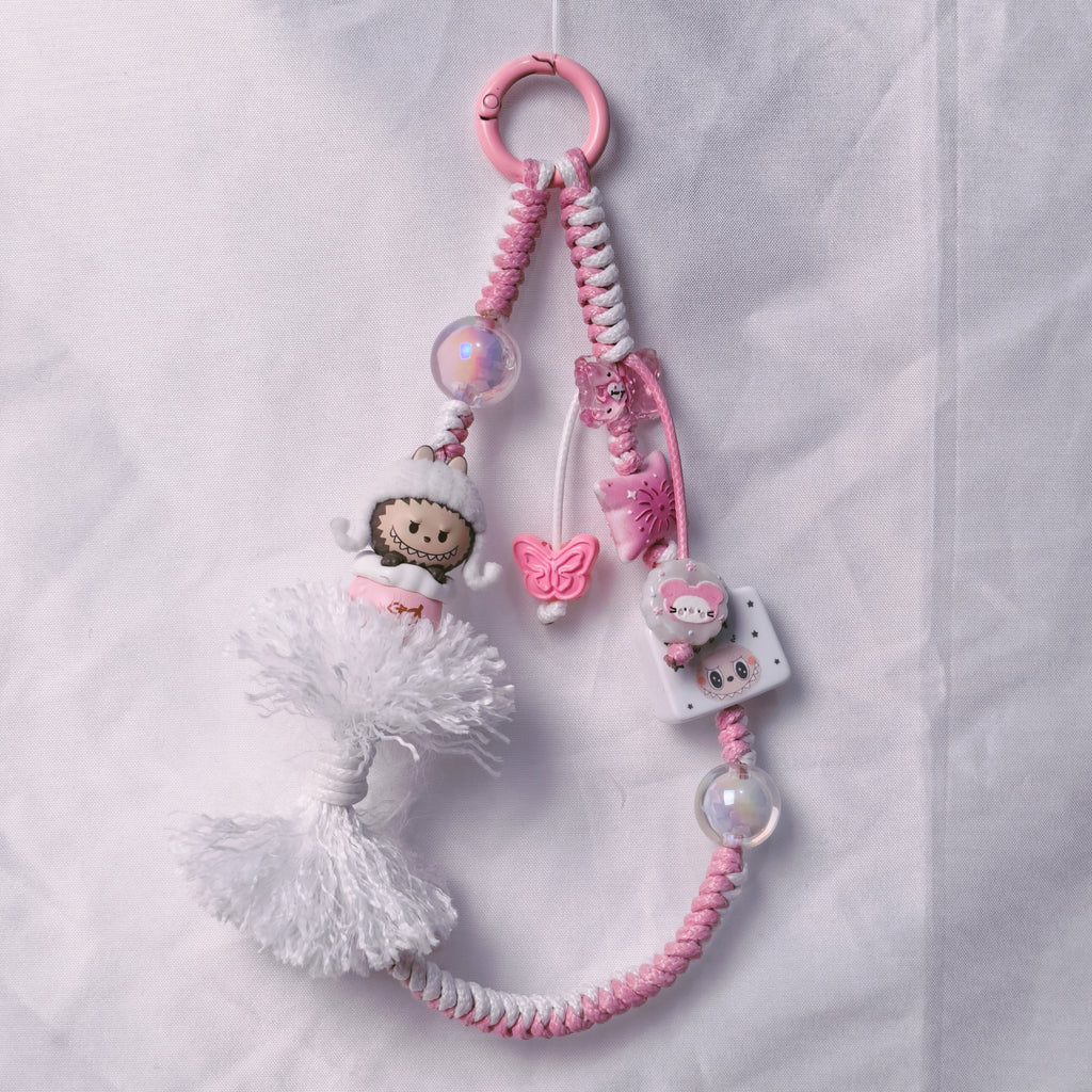 （L020)Phone Strap Pink and White Crafted by Hand