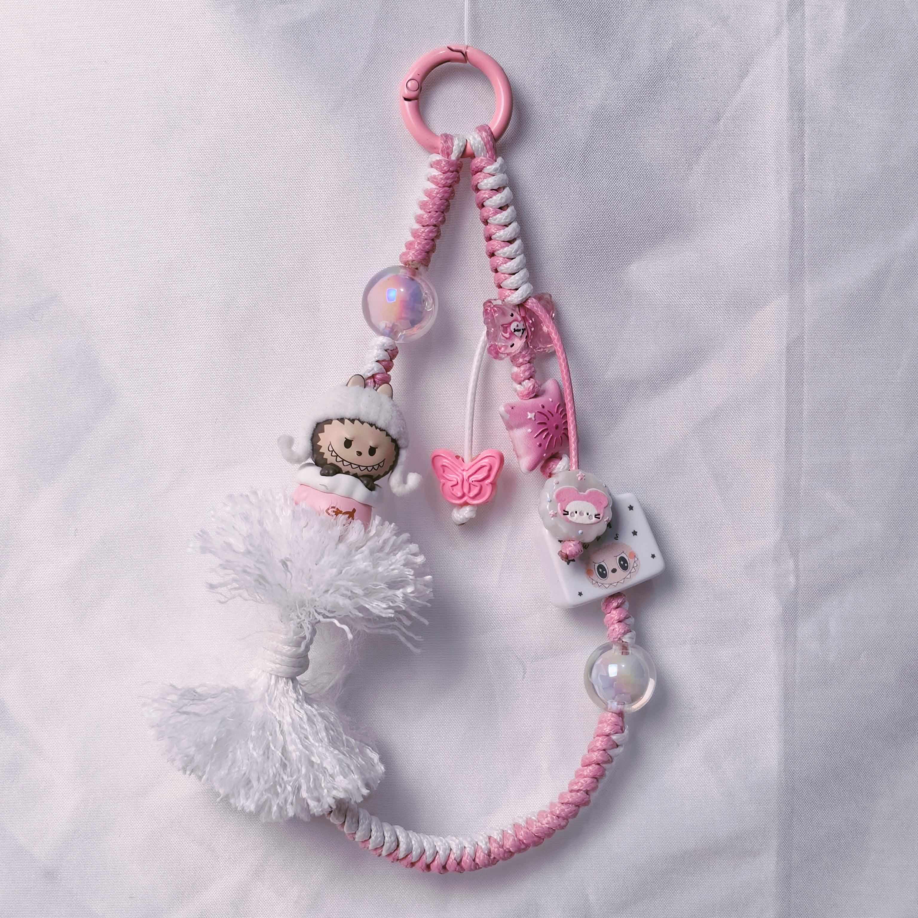 （L020)Phone Strap Pink and White Crafted by Hand