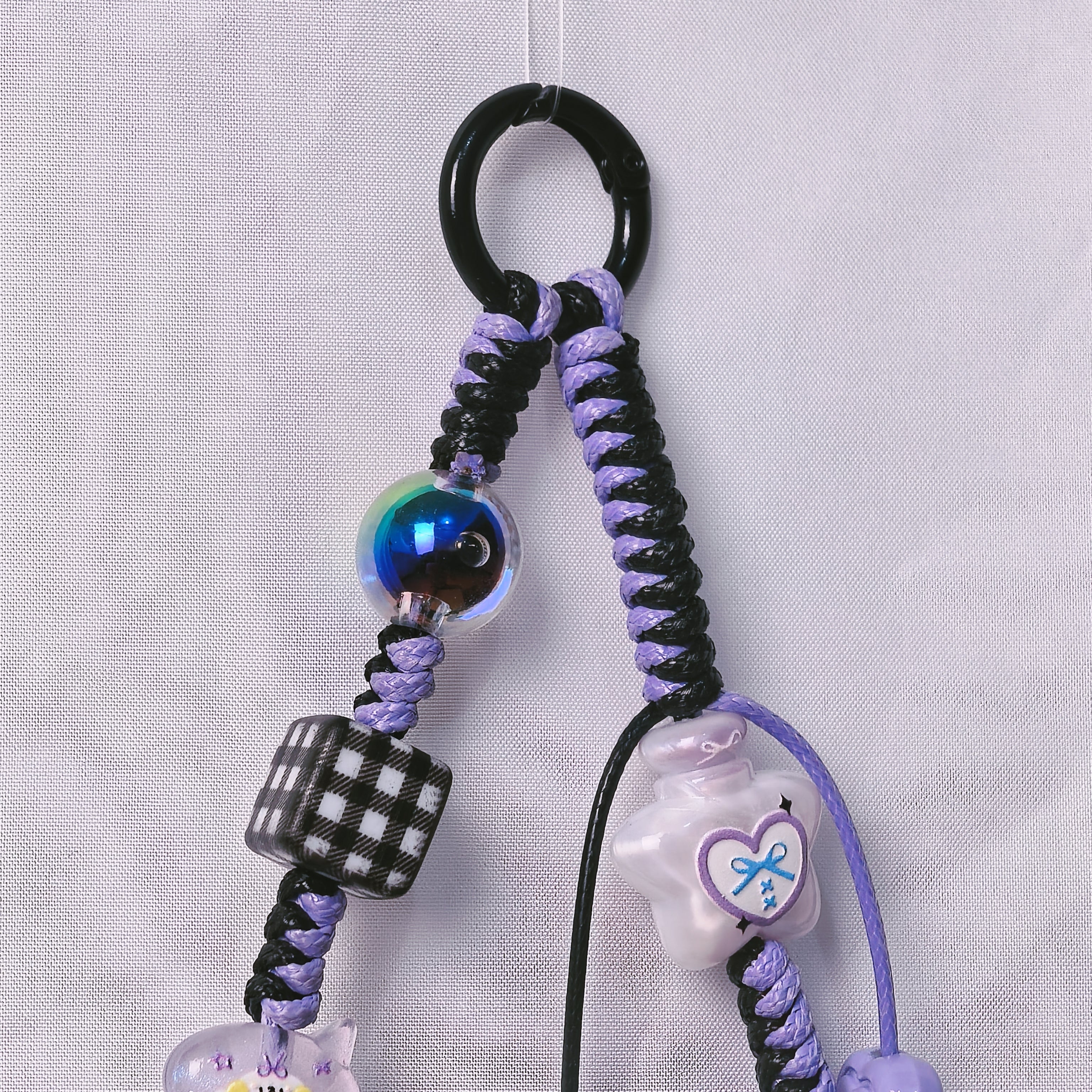 （L019)Phone Strap Purple and Black Crafted by Hand