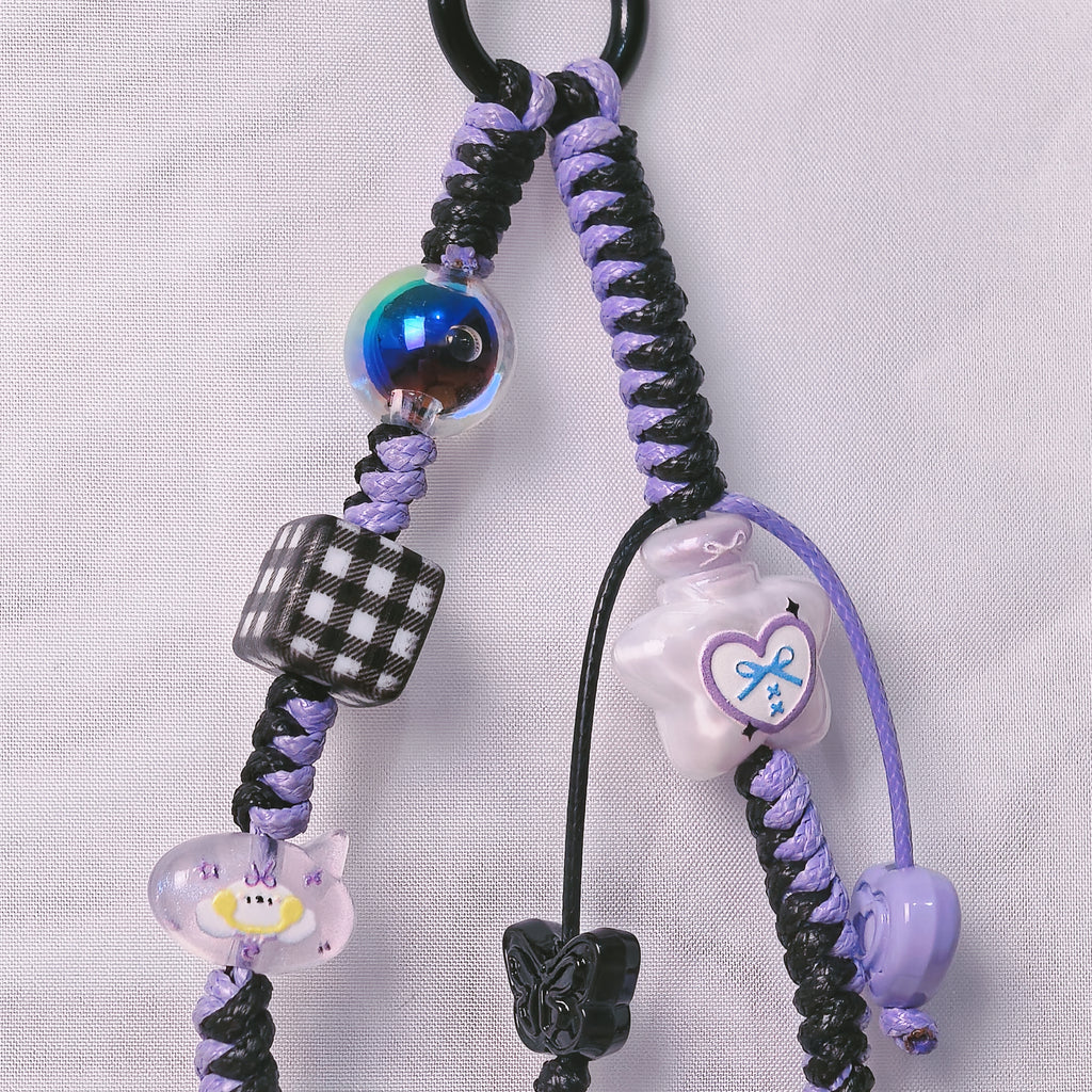 （L019)Phone Strap Purple and Black Crafted by Hand