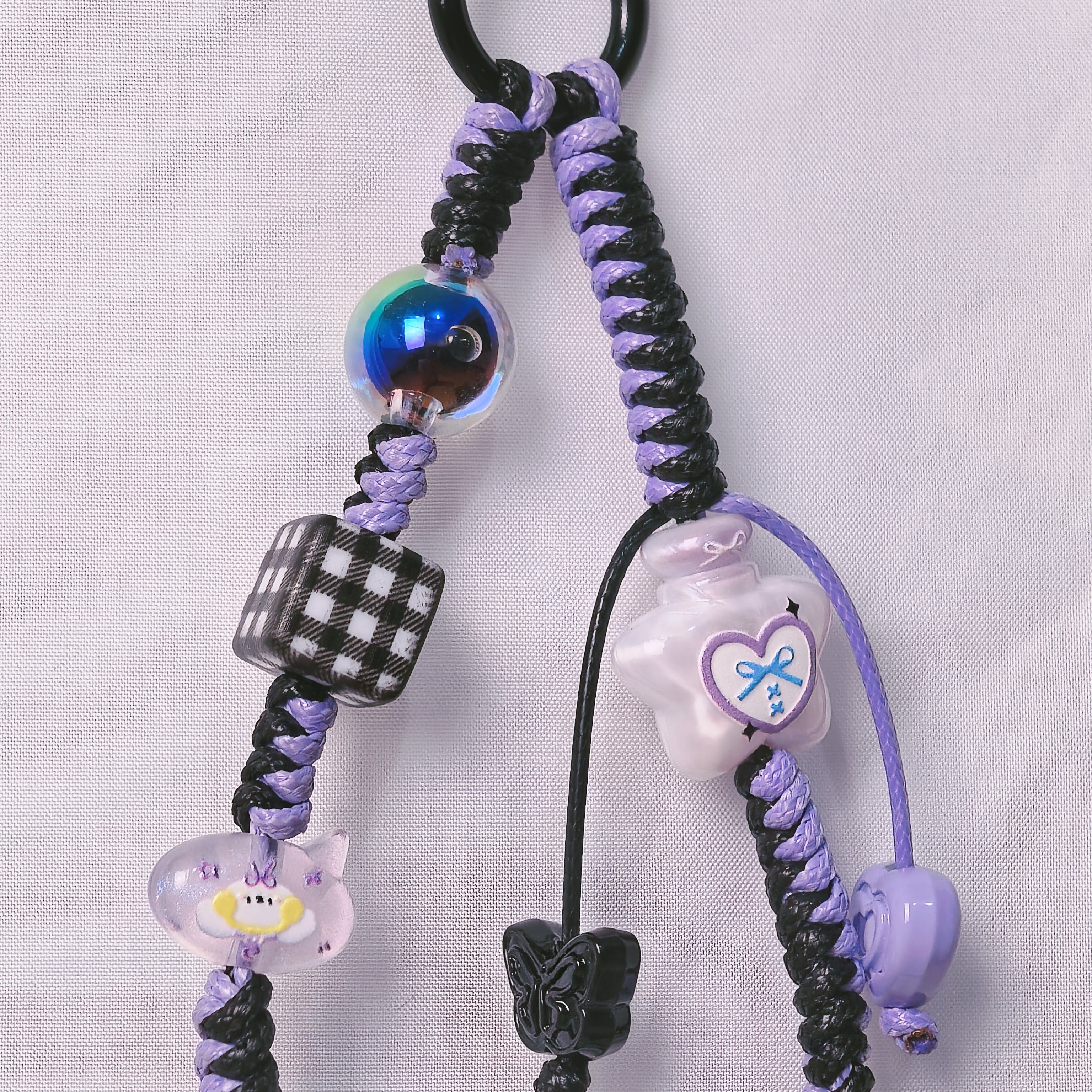 （L019)Phone Strap Purple and Black Crafted by Hand
