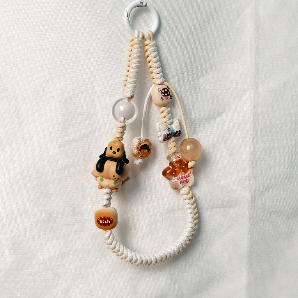 （L026)Phone Strap White and Beige Crafted by Hand