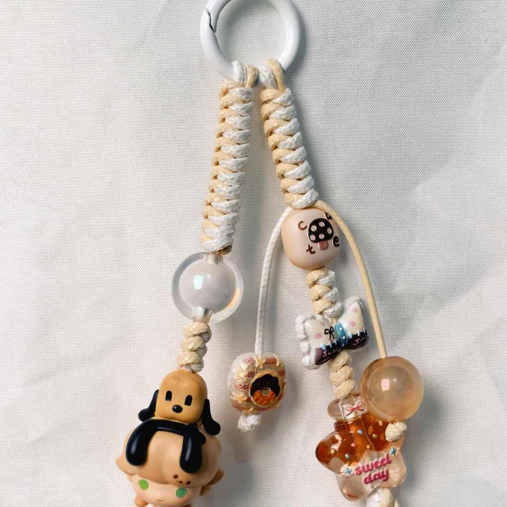 （L026)Phone Strap White and Beige Crafted by Hand