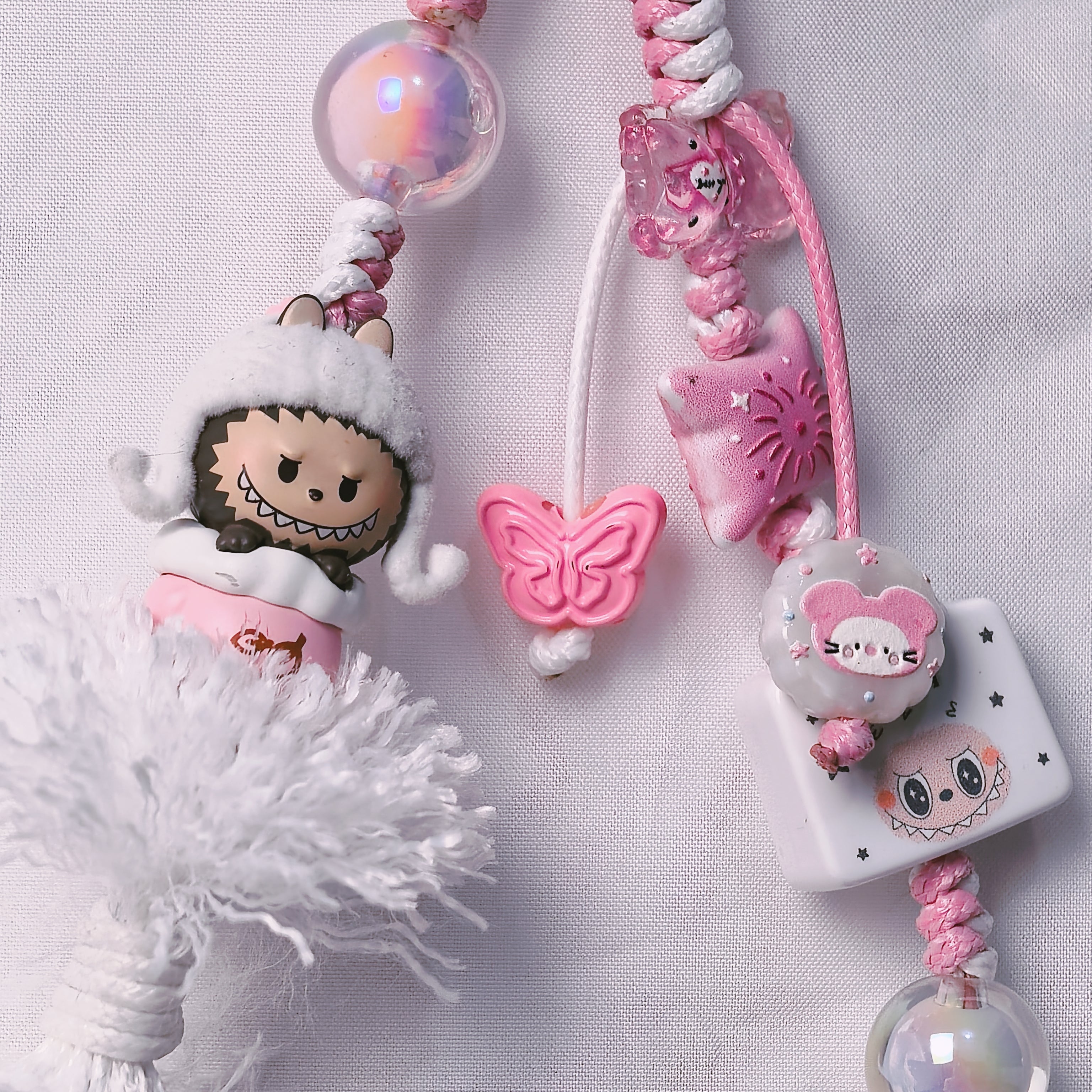 （L020)Phone Strap Pink and White Crafted by Hand
